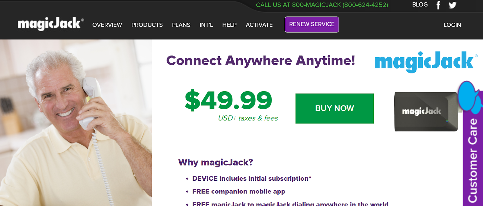 magicJack website snapshot highlighting the services it offers.