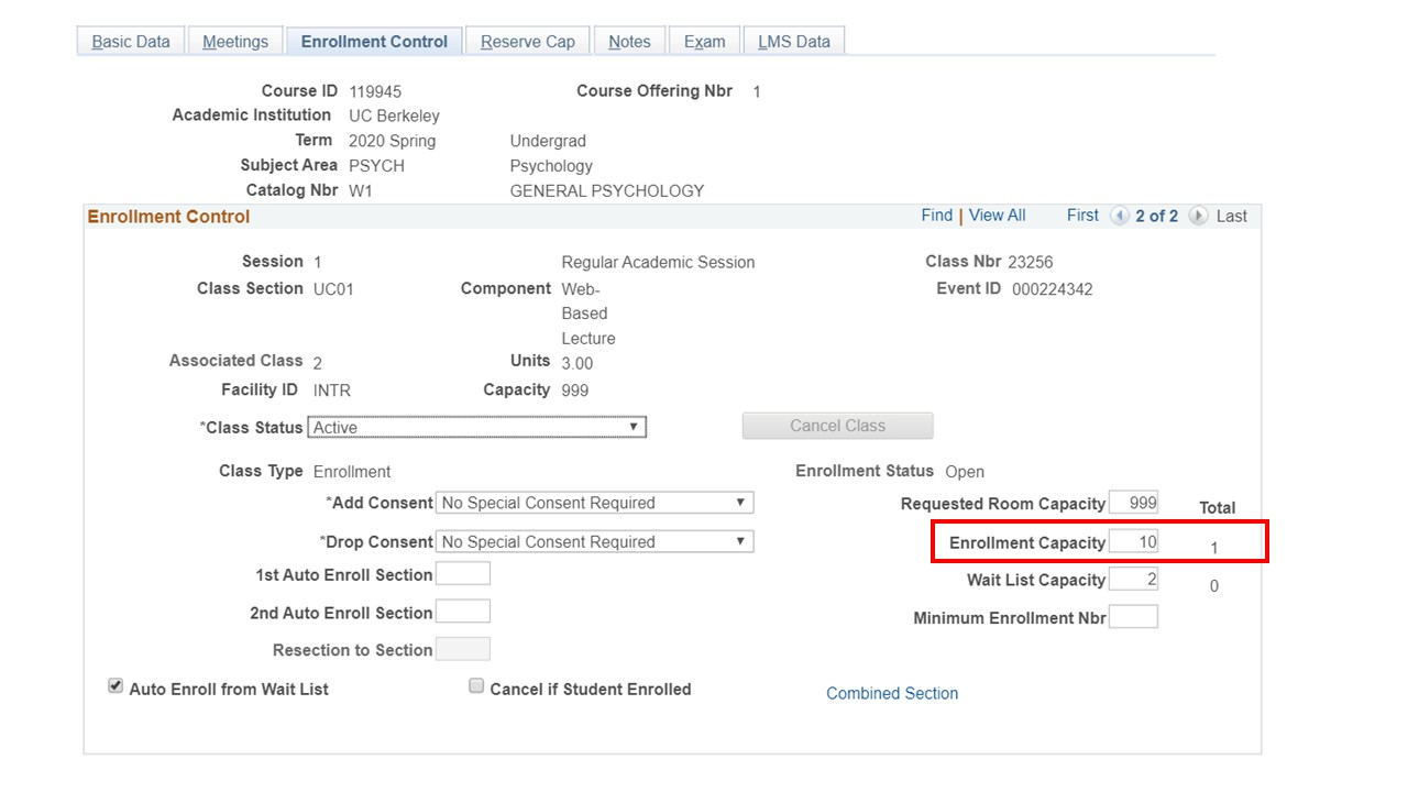 "Enrollment Capacity" field emphasized with red box highlight.