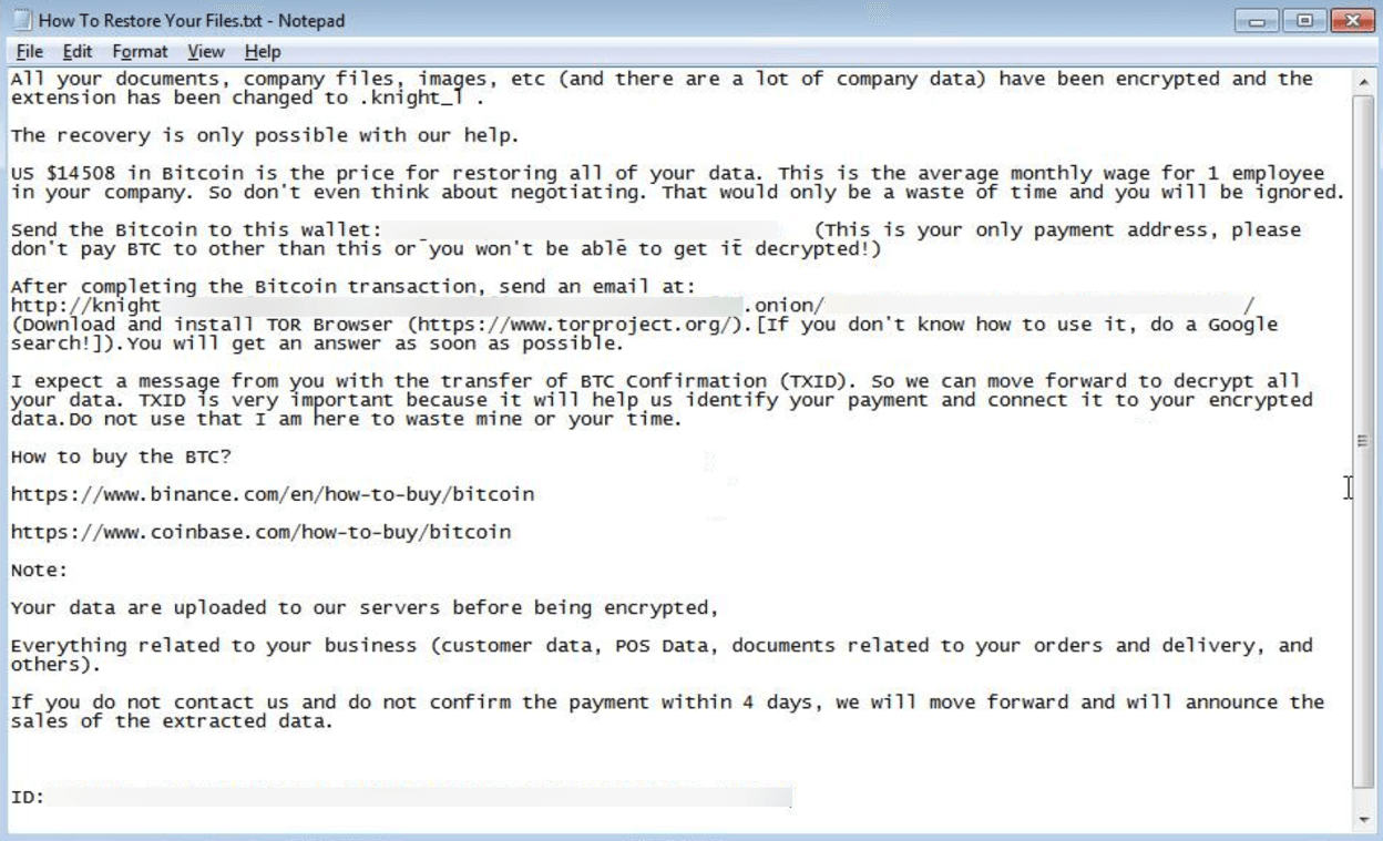 Figure 4: Ransom note dropped by the Knight ransomware.