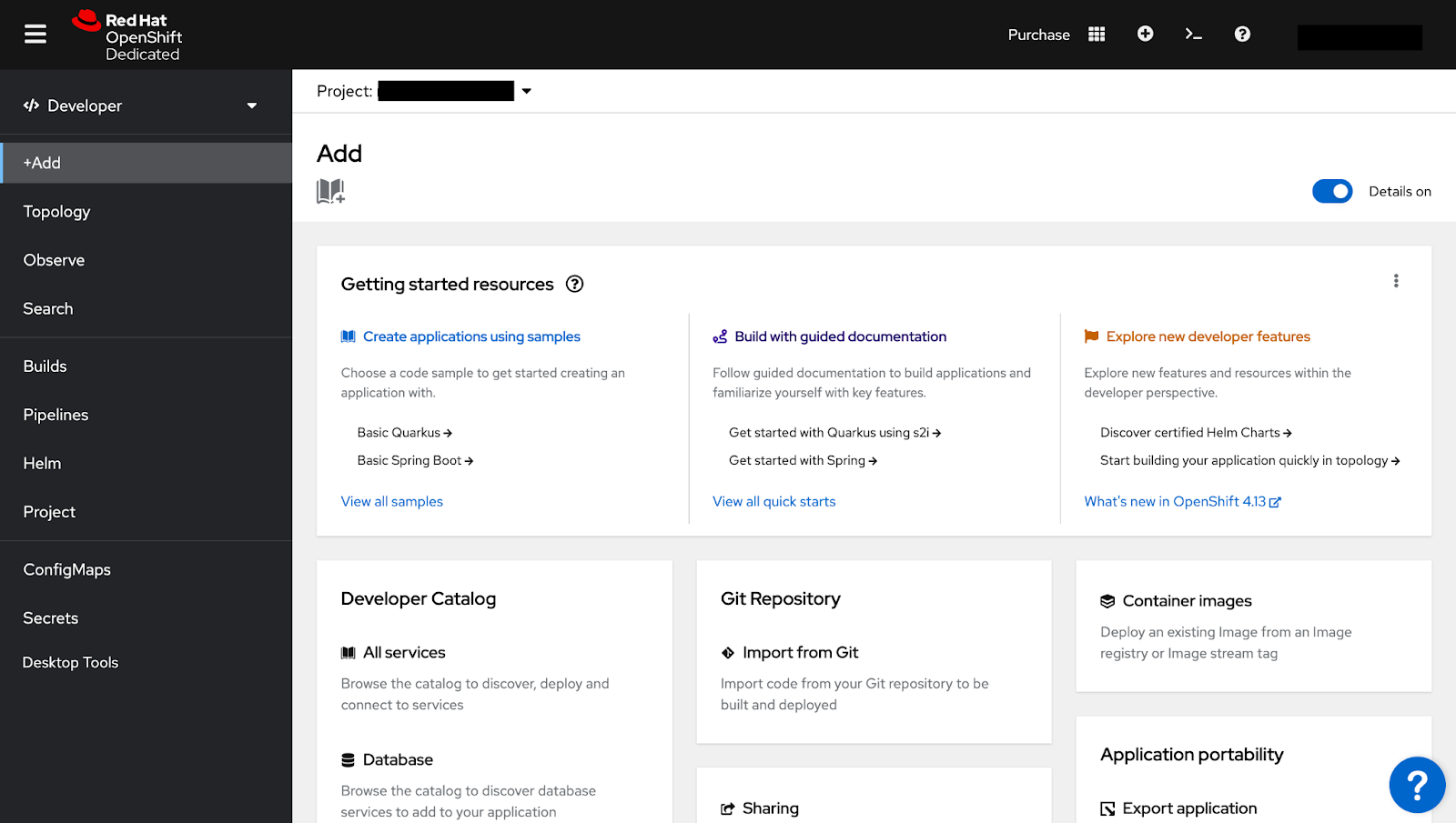 Project's Add page with getting started resources, developer catalog, Git repository, sharing, container images, and application portability.