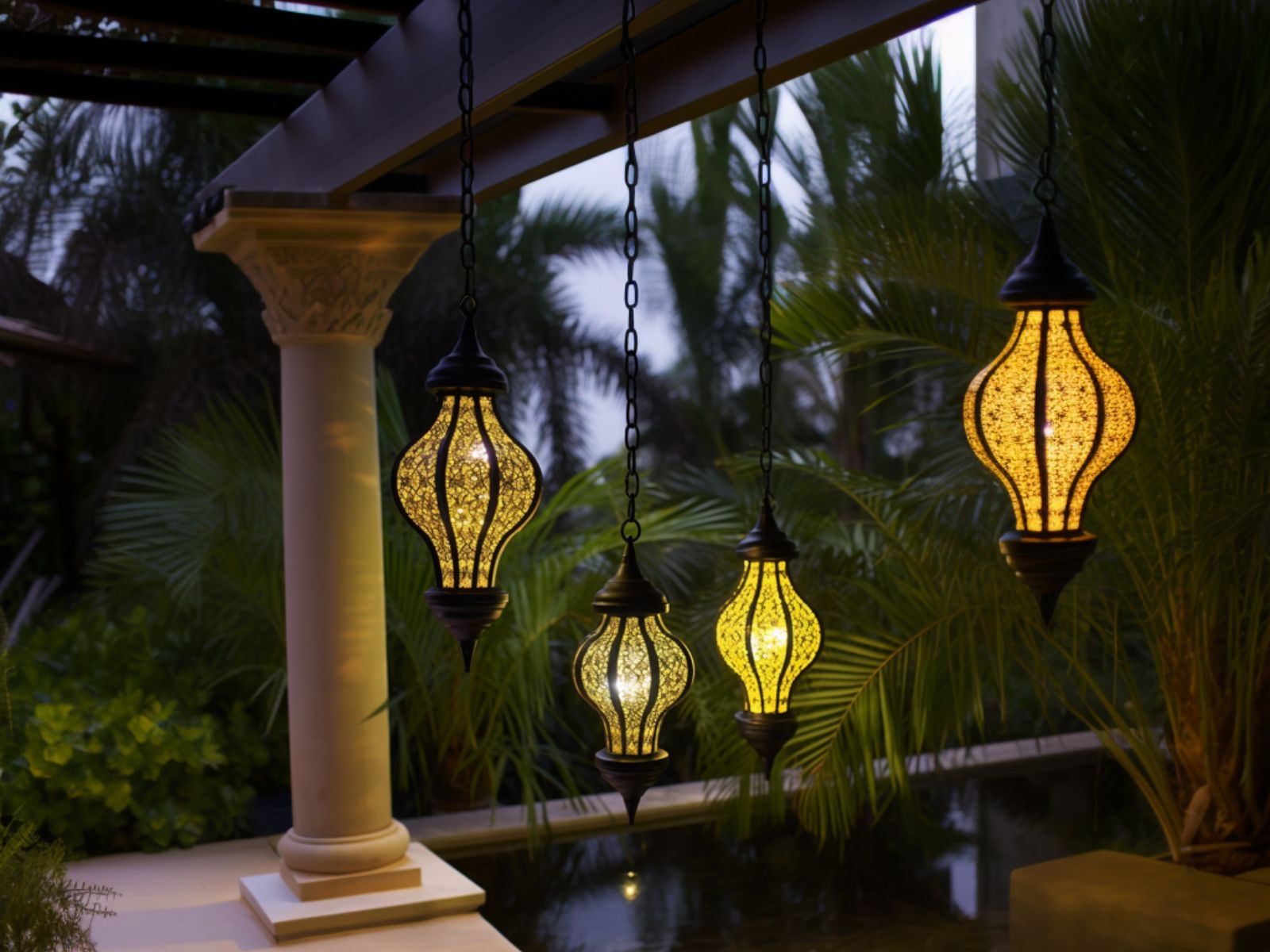 Moroccan lanterns hanging from an outdoor balcony roof