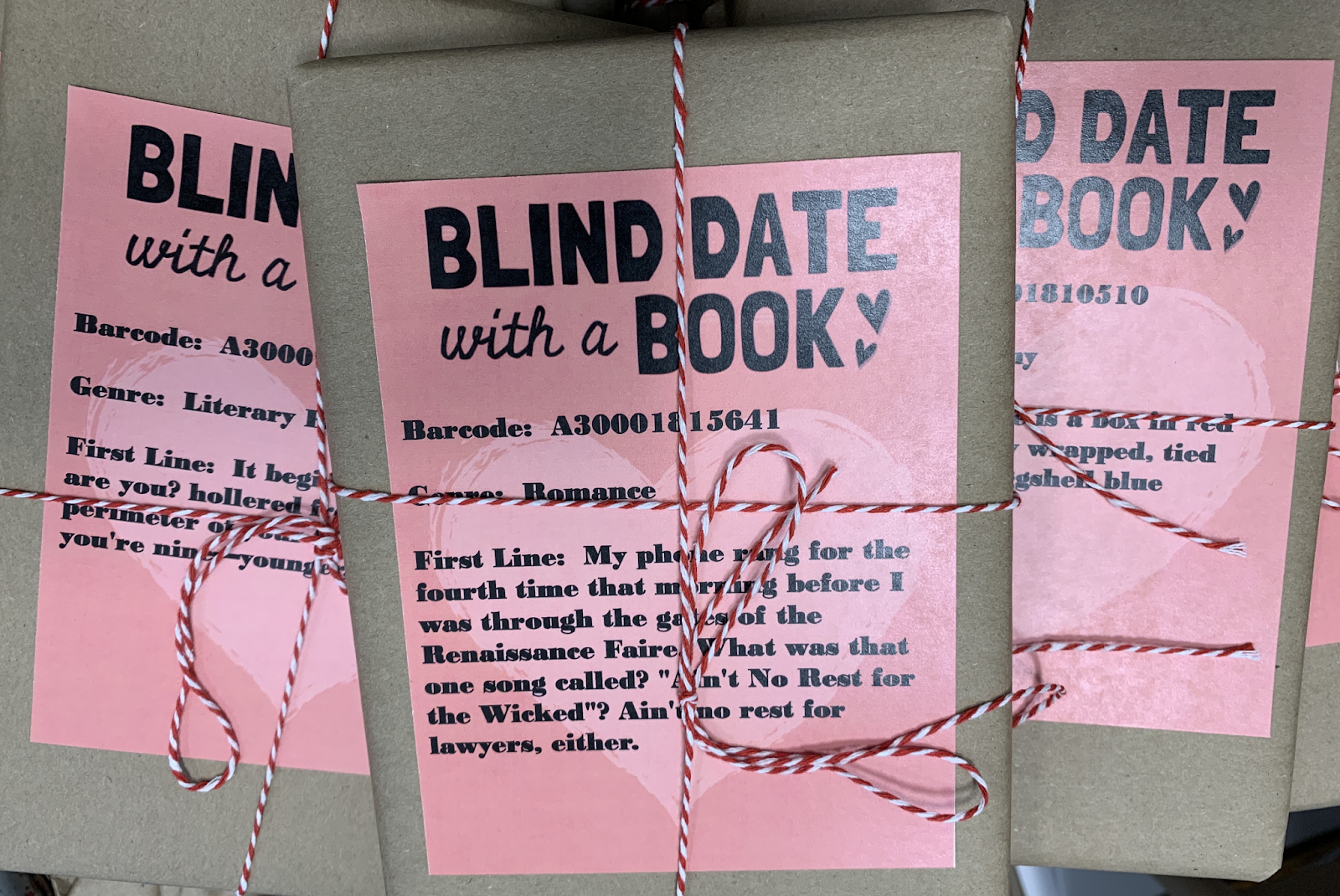 Blind Date with a Book - image with books wrapped up with graphic and first line.