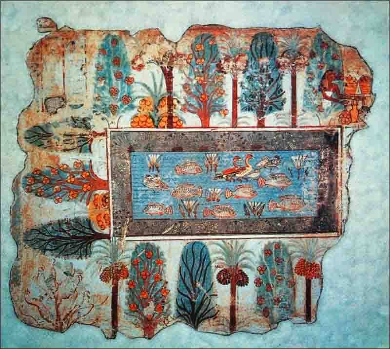 Tapestry with a small square pond in the middle with fish. The pond is surrounded by trees on each side.