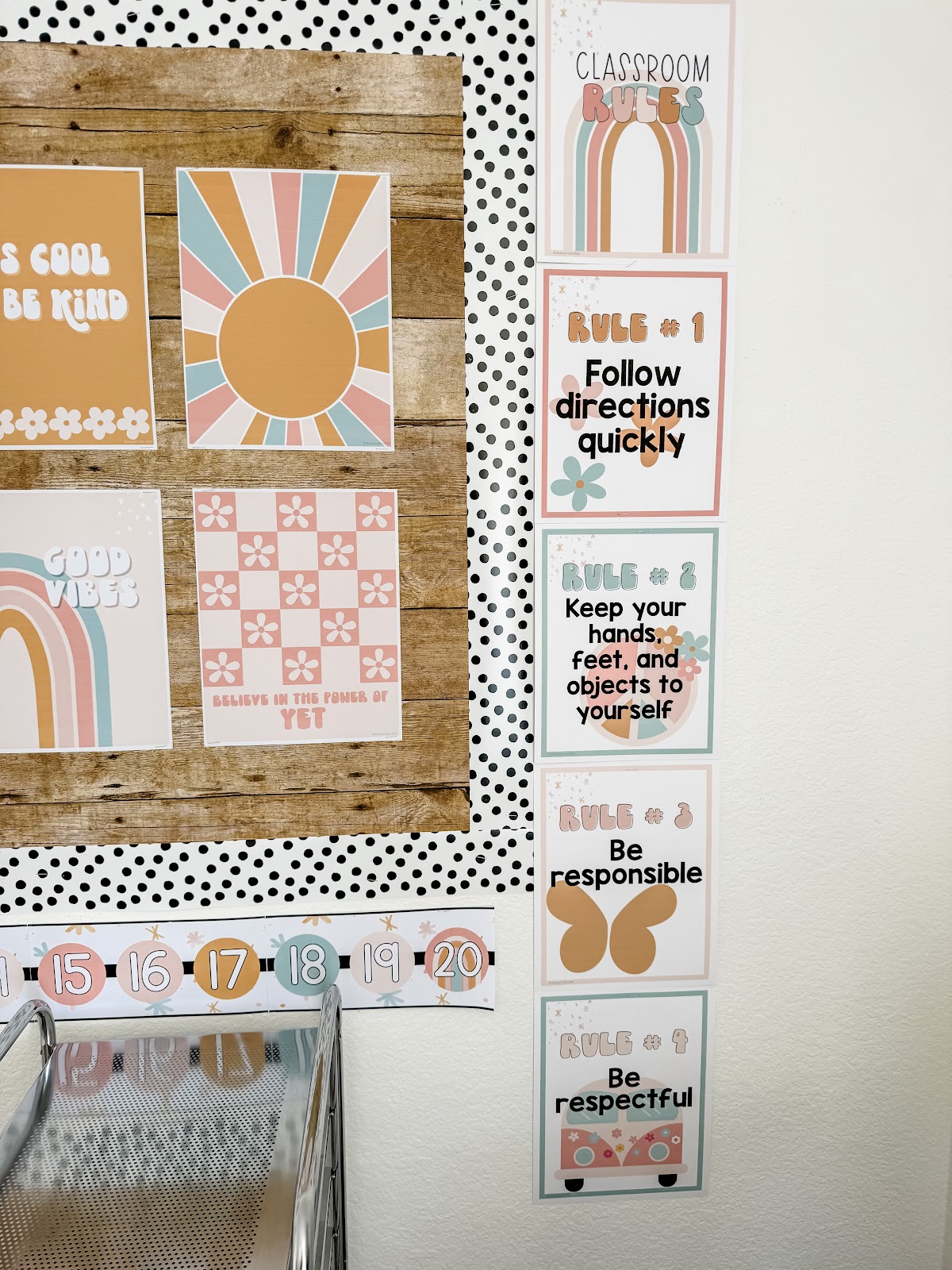 This image shows a bulletin board display with classroom rule posters down the side. There are 4 different rule posters visible in the picture. 