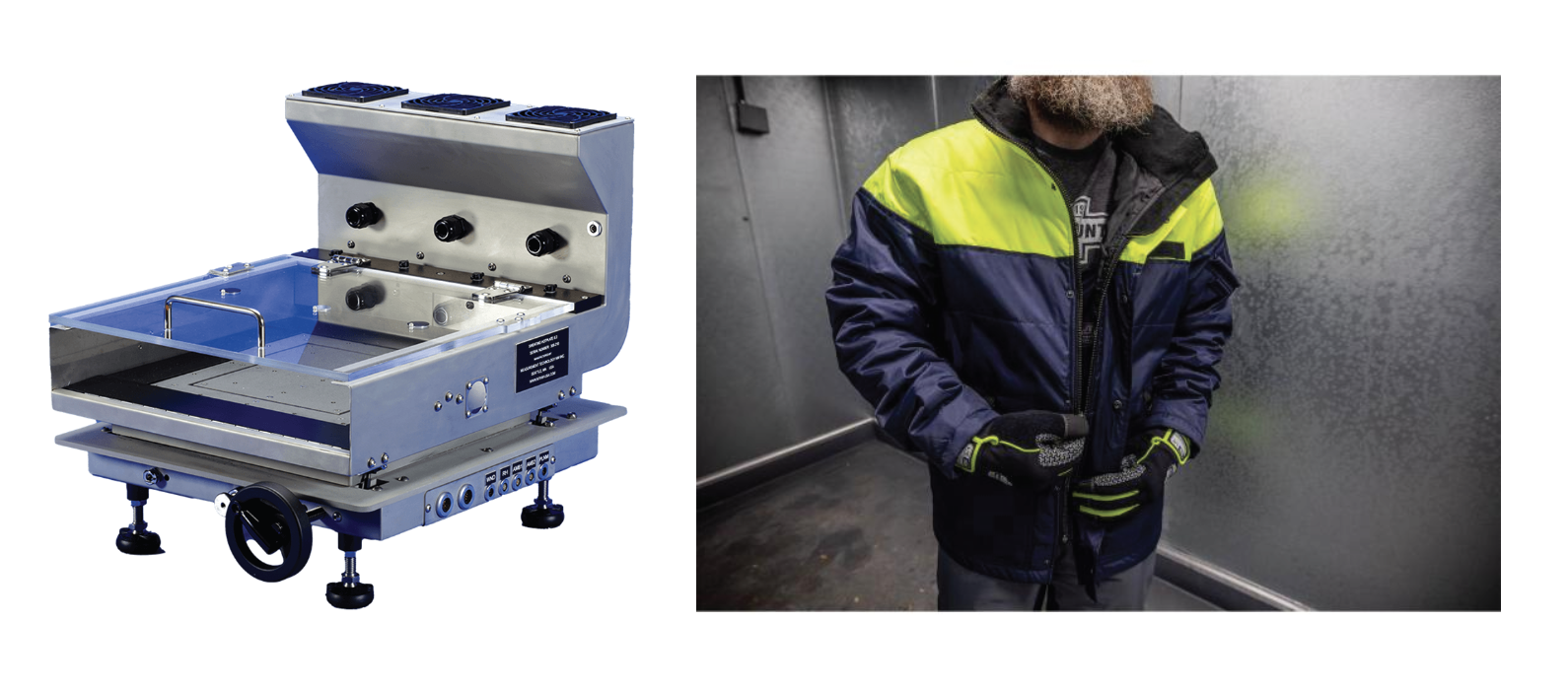 (Left) Image of a guarded got plate used to determine CLO rating. (Right) Model wearing 6476 insulated freezer jacket and 850 insulated freezer gloves