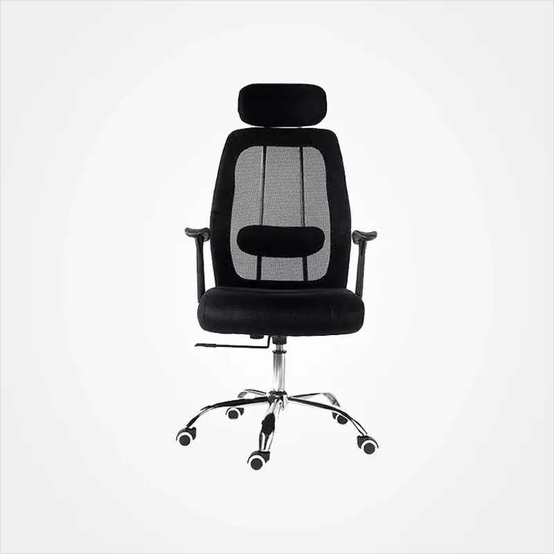 Black fabric office chair with breathable mesh backrest and headrest, high back, and reclining function