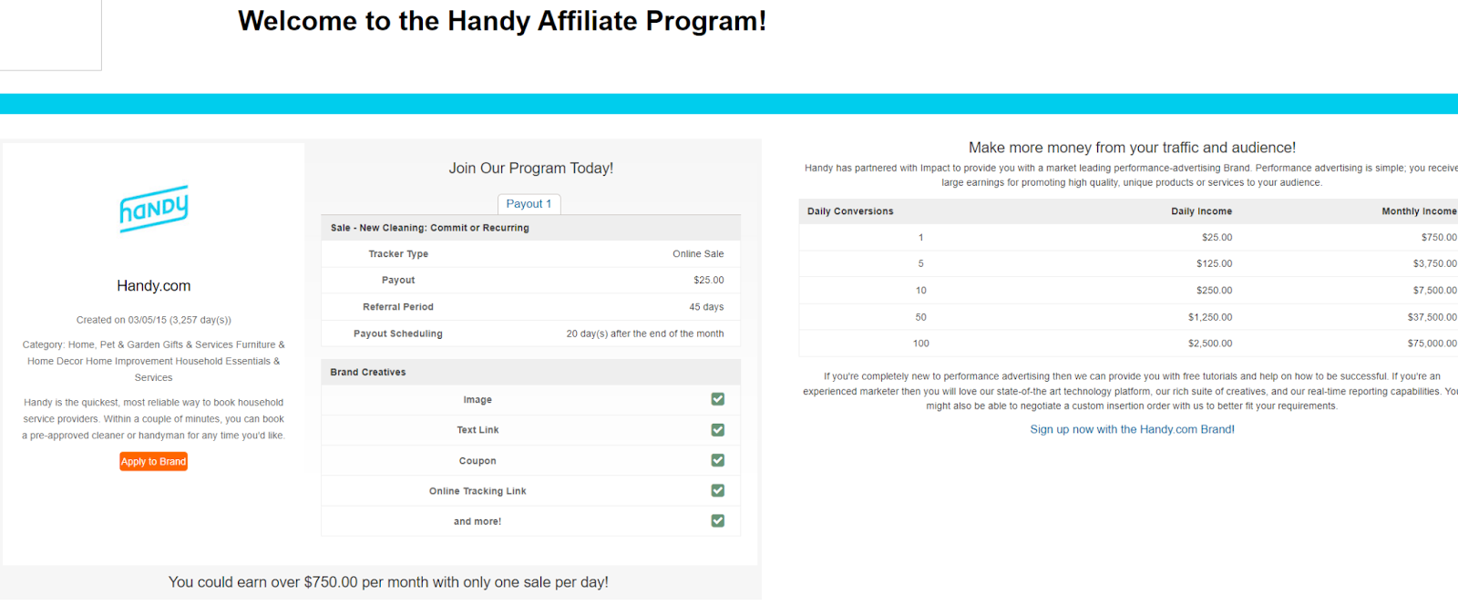 Handy affiliate program page