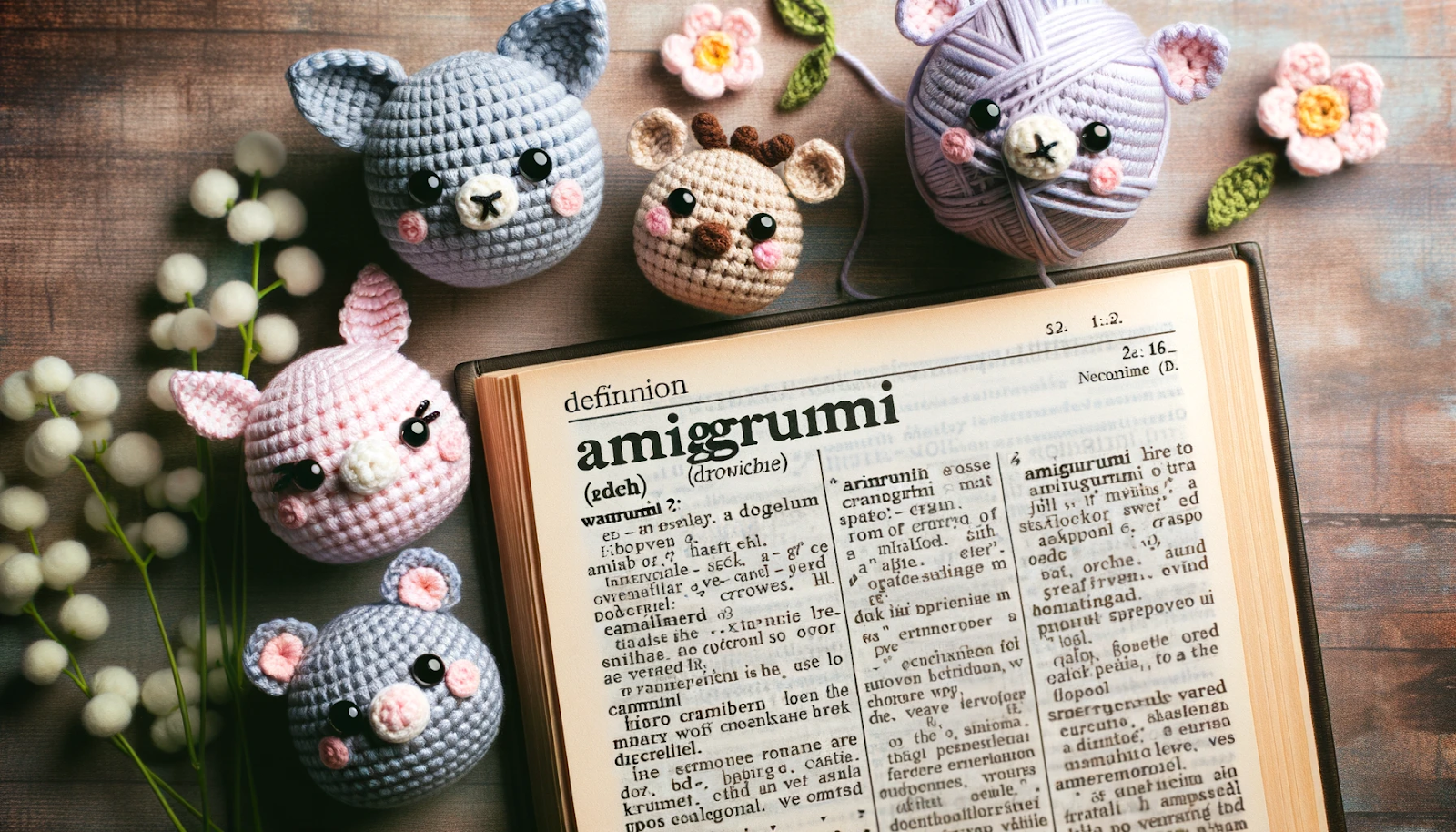 Foto de uma página de definição em estilo de dicionário com a palavra 
 artesanato Amigurumi destacada. Ao lado, há exemplos de pequenos animais de crochê que representam o estilo Amigurumi.