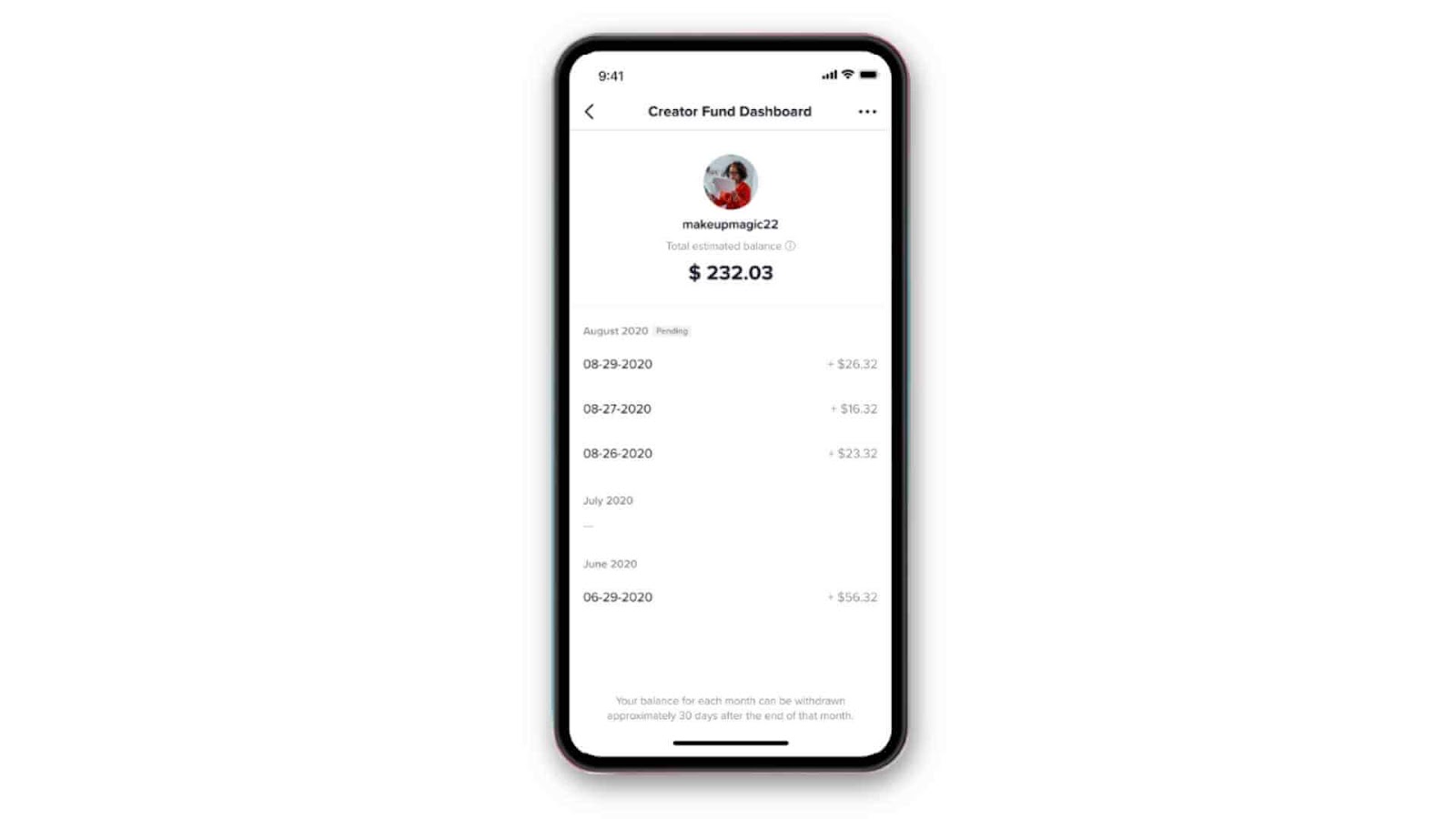 A smartphone displaying a TikTok Creator Fund Dashboard, showing a list of earnings.
