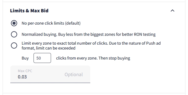 Max bid settings and limitations on RollerAds.