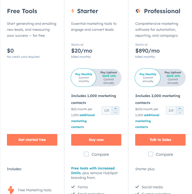 Pricing Plans for HubSpot