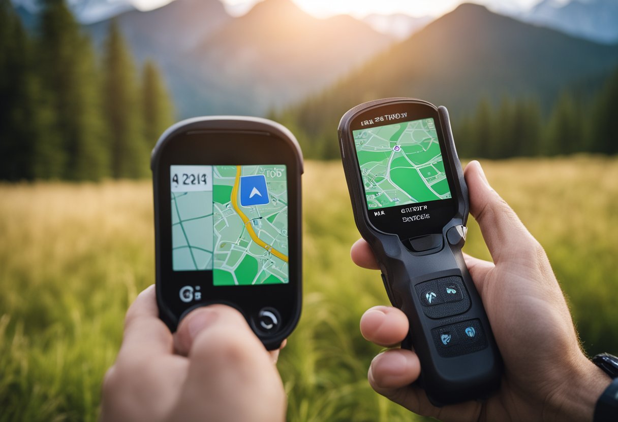 A hand holding a GPS device, with a backdrop of a mountain trail and forest. The device's screen shows a map with a blinking location marker