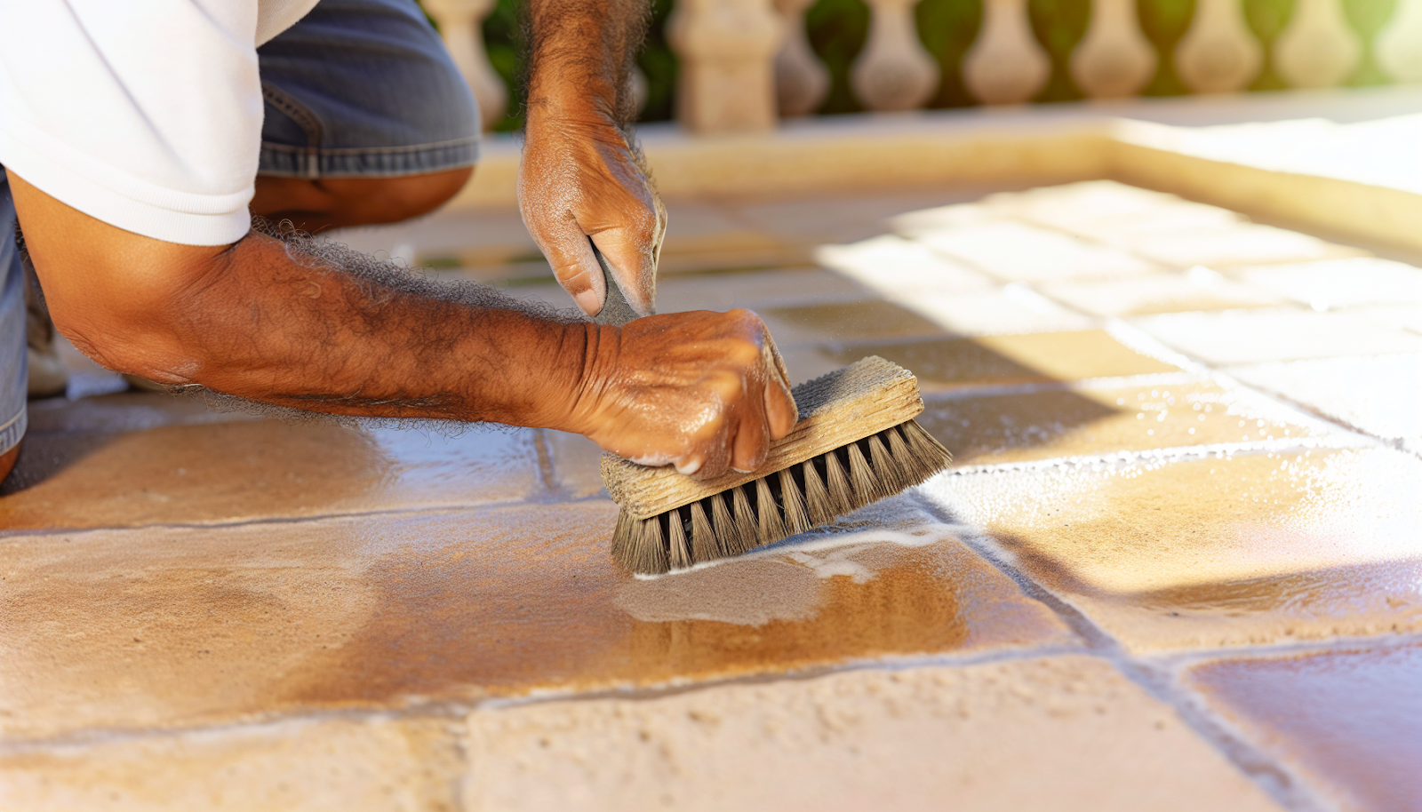 Scrubbing patio slabs with a stiff brush