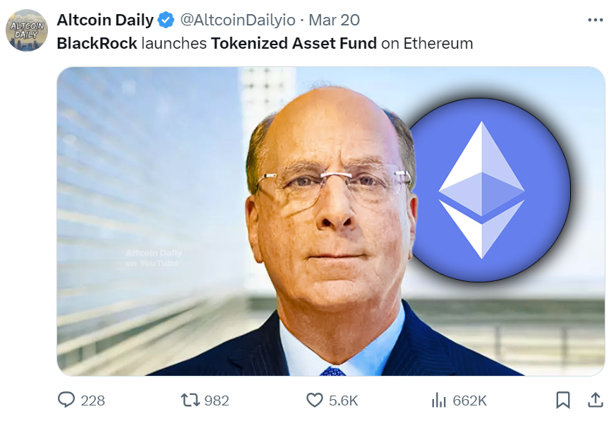 Tweet from Altcoin Daily announcing BlackRock’s new fund