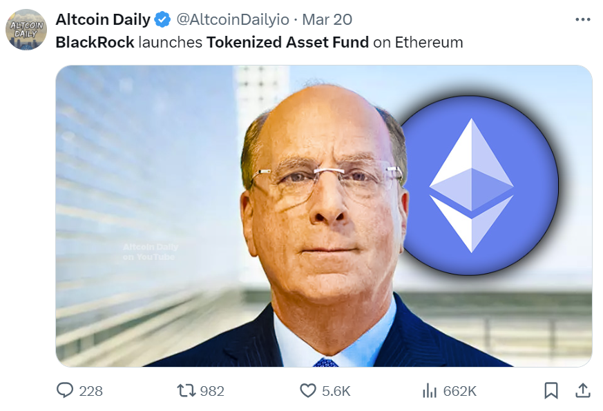 Tuit de Altcoin Daily anunciando el nuevo fondo de BlackRock