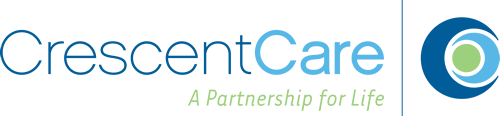 Logo containing text, "CrescentCare," in blue font to left of the logo, a circular graphic in blue and green tones. The slogan, "A Partnership for Life," appears at the bottom.