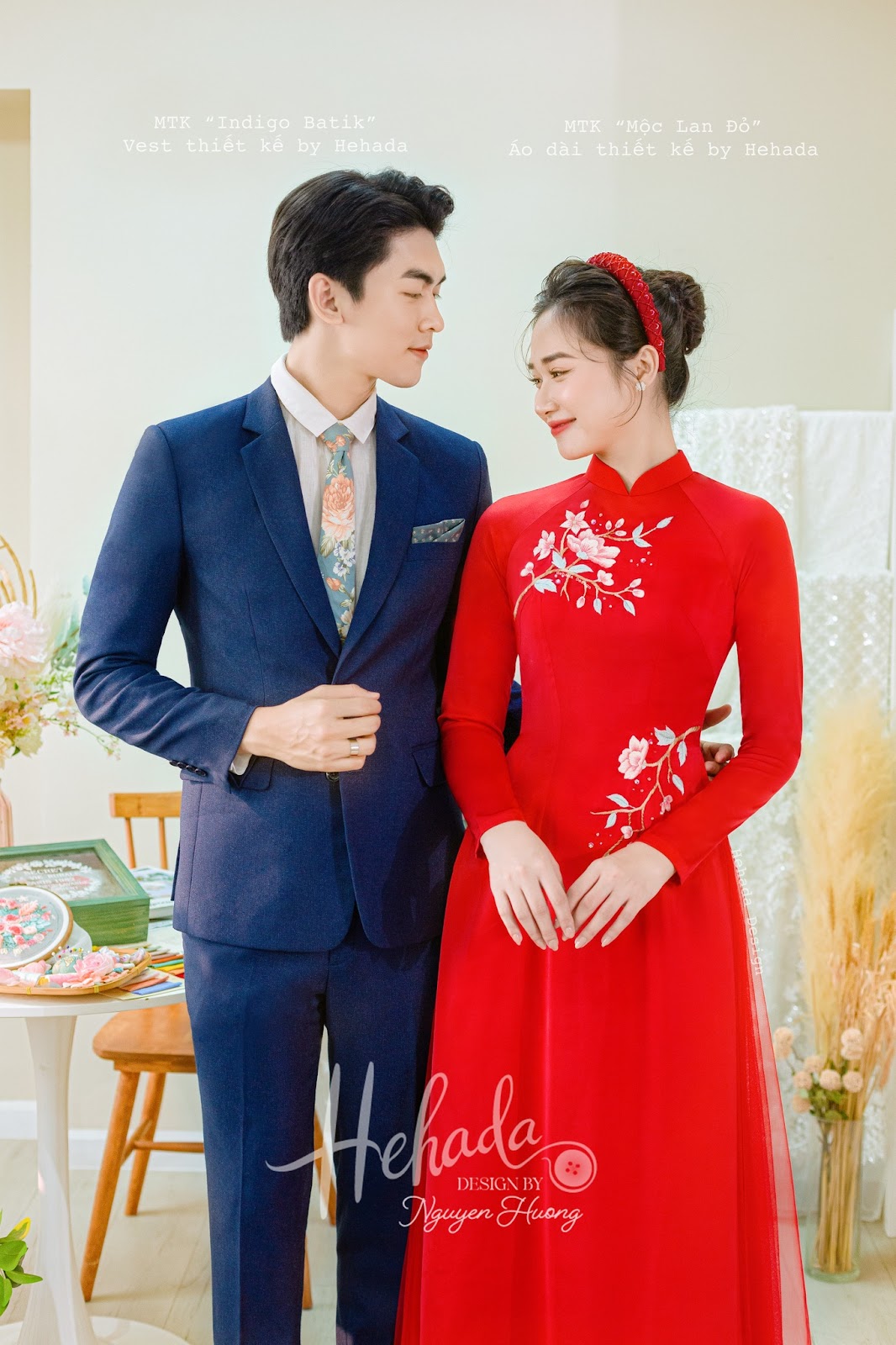 Cặp đôi vest Indigo Batik & áo dài Mộc Lan Đỏ