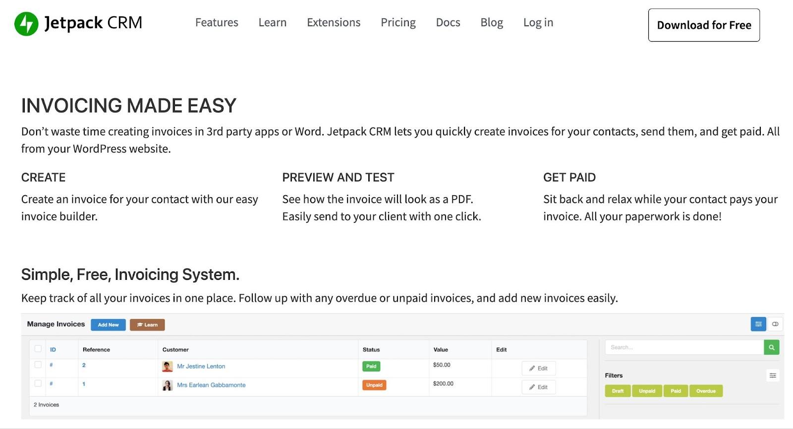 Wordpress invoicing plugin, The Jetpack CRM invoicing page