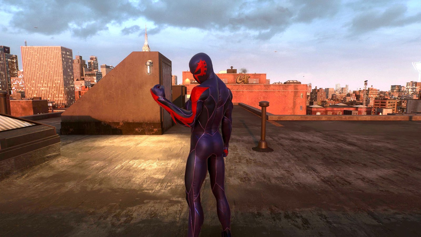 An in game image of Peter Parker in the Spider-Man 2099 Black Suit from Marvel's Spider-Man 2.