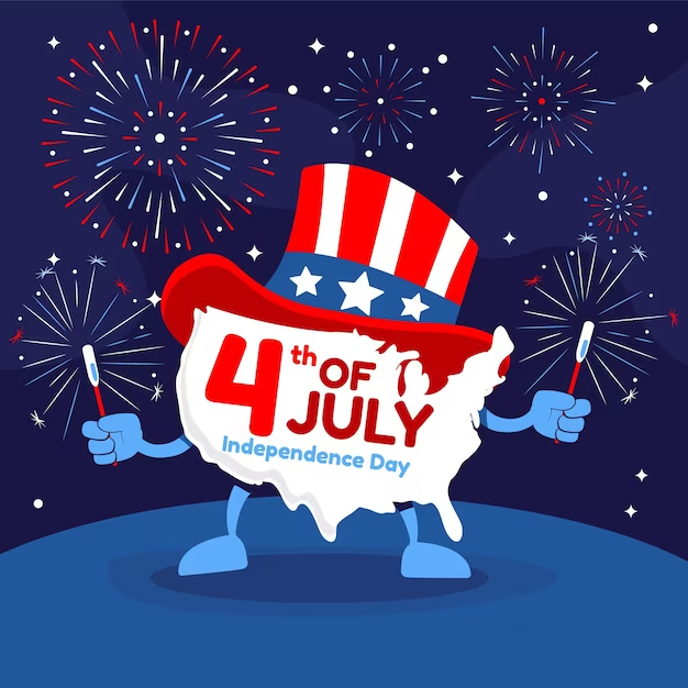 4th of July Graphic of the US Map Wearing an America Hat With Fireworks in the Background