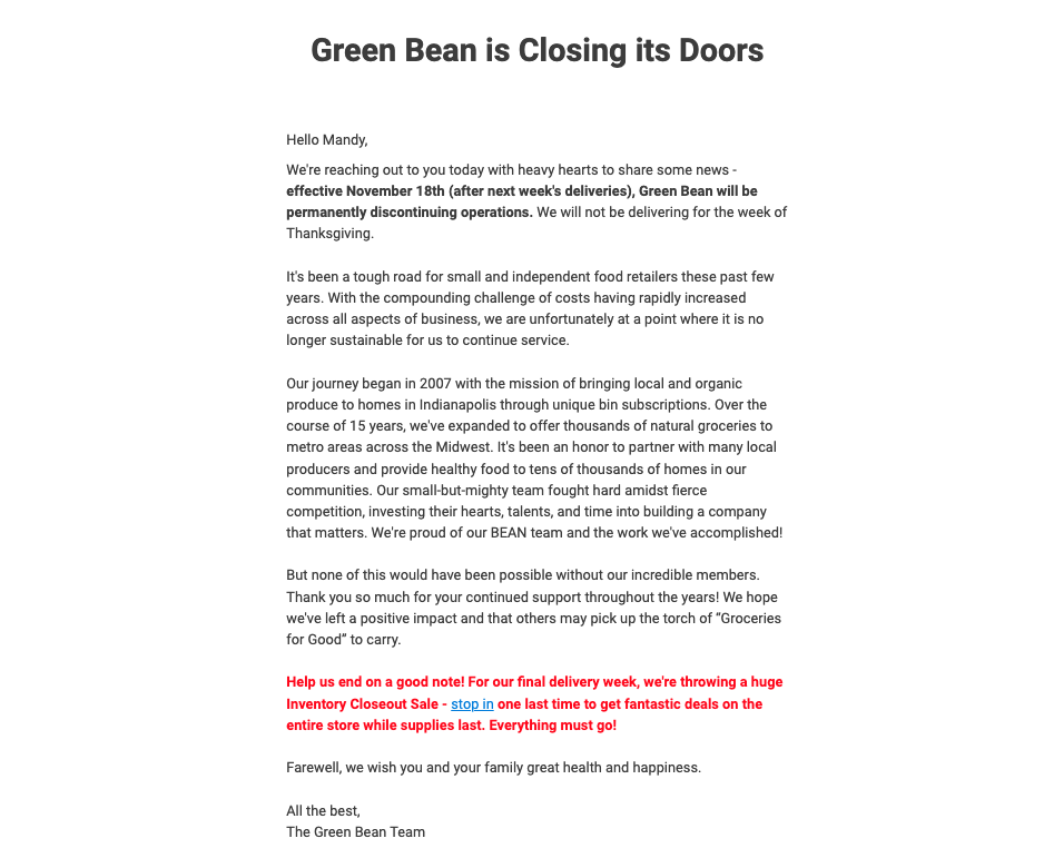 Green Bean Delivery business closure