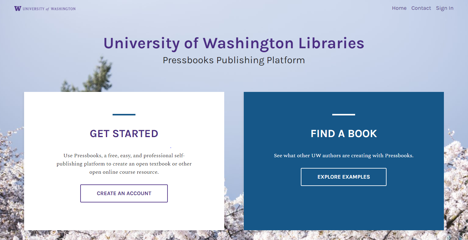 screenshot of UW Pressbooks homepage