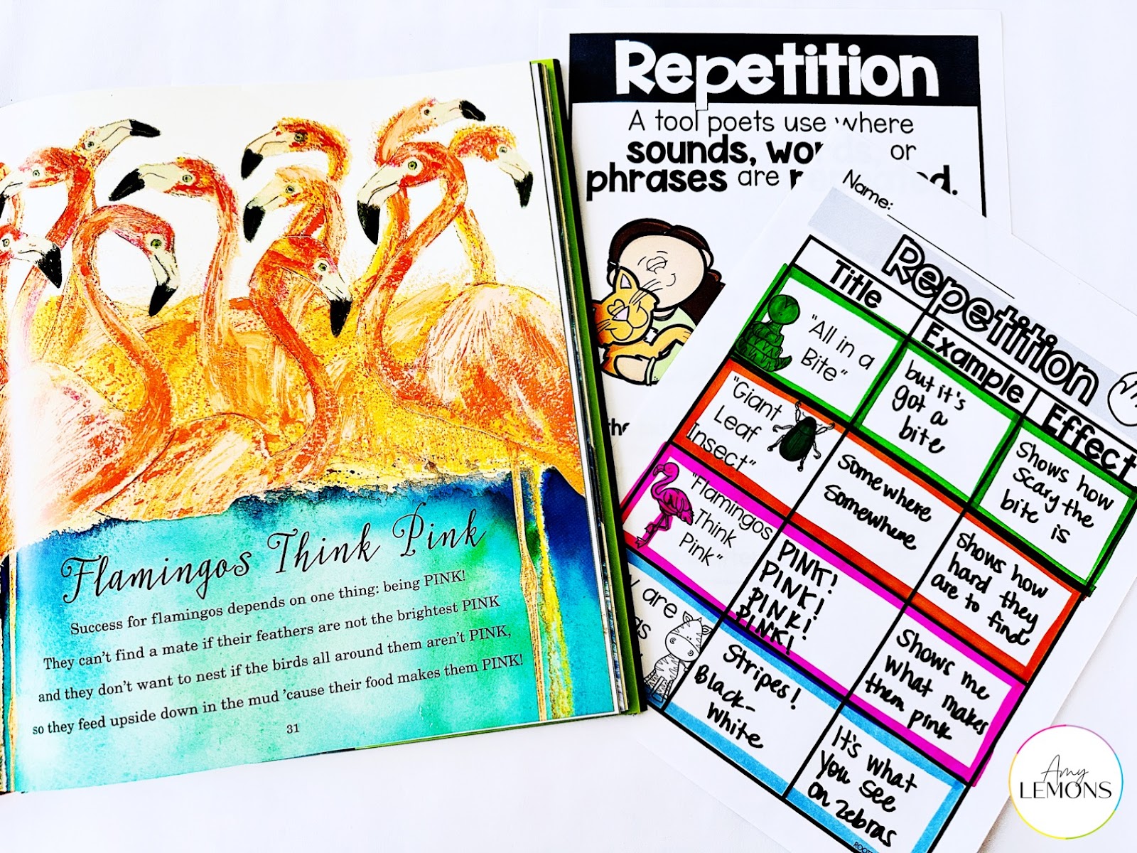 Repetition in poetry activities and kids poetry book.