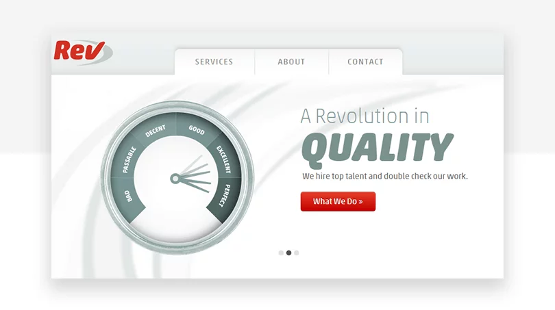 The initial website design of Rev.com with outdated style and graphics.