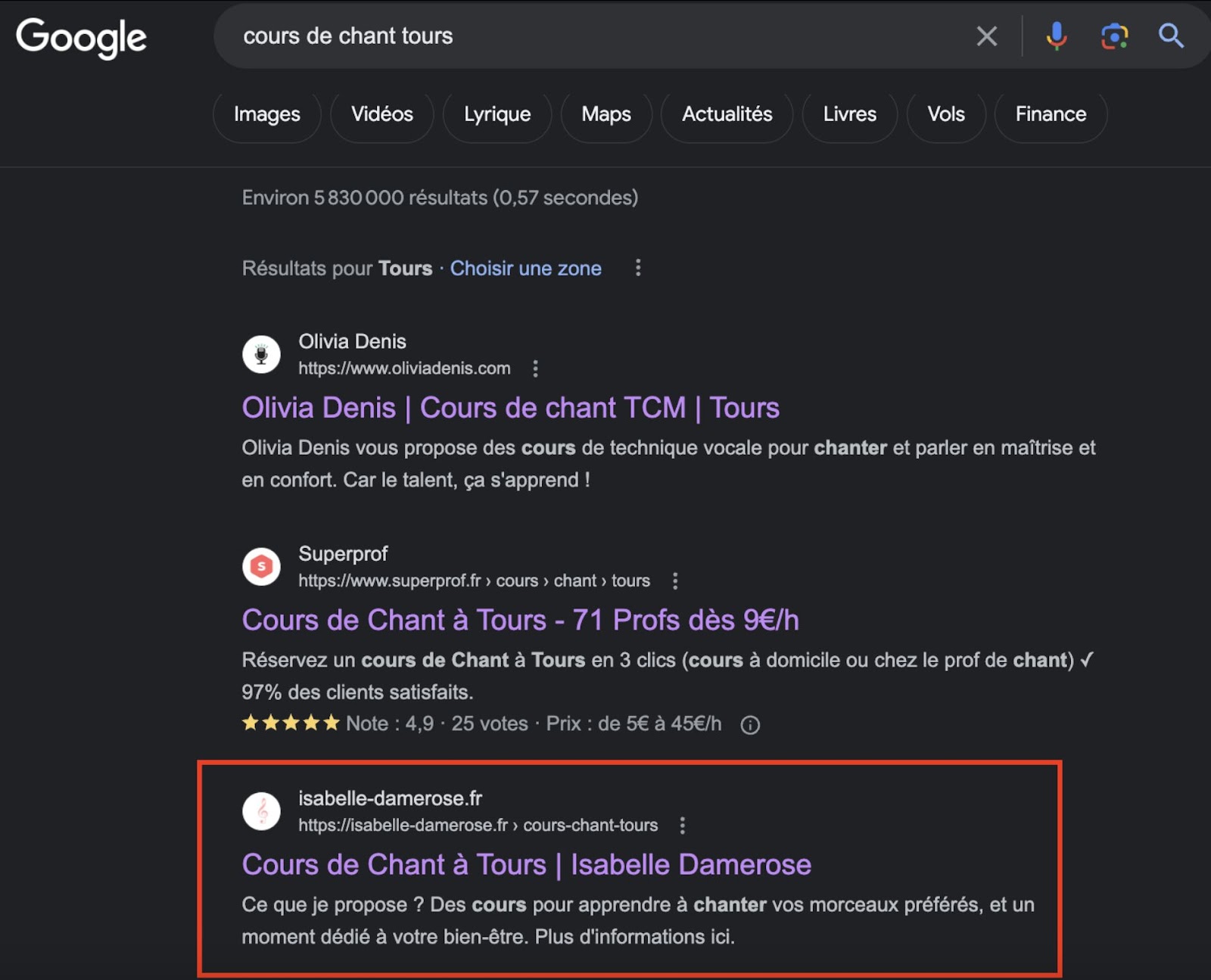 page de google montrant le site vitrine d une prof de chant en 3e place sur le mot clé cours de chant tours