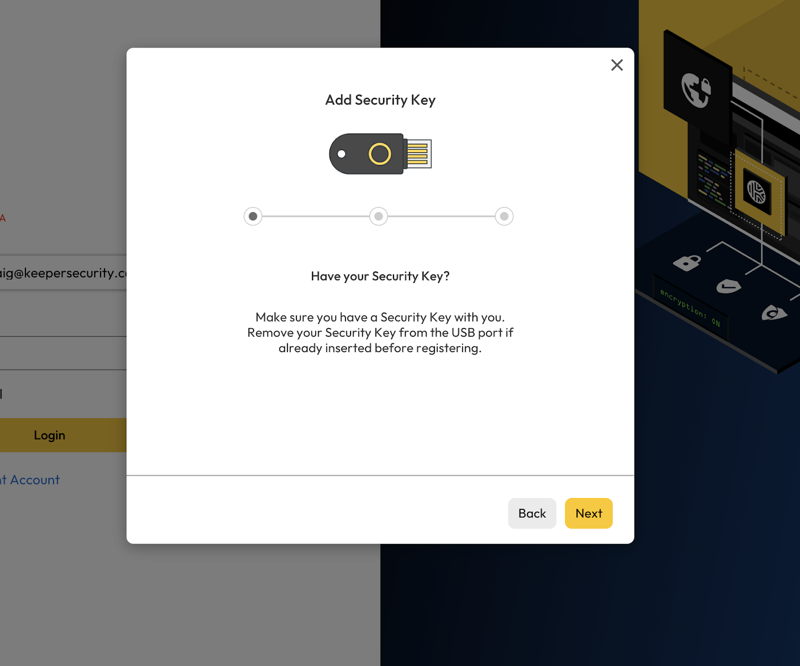 Imagen que muestra el proceso de configuración de las llaves de seguridad en Keeper Vault