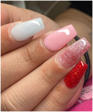 Shades of Pink and Red Glitter Nail Design