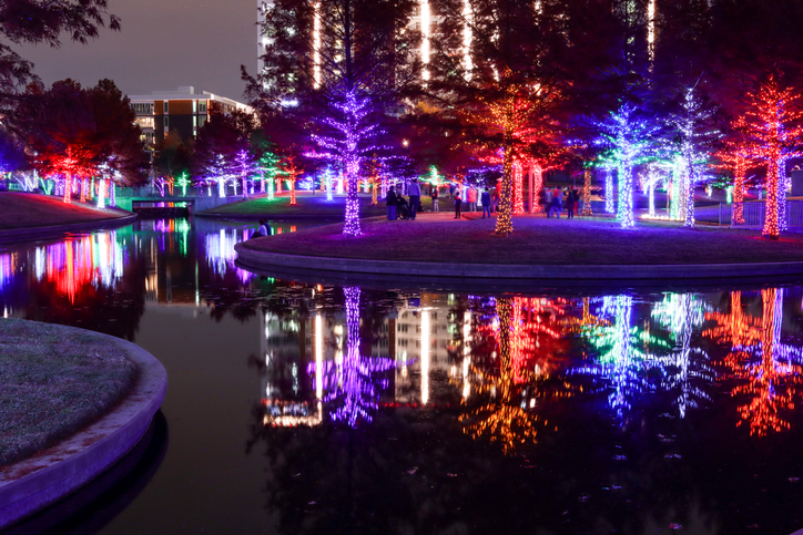 Christmas lights displayed on trees in Vitruvian Park.
