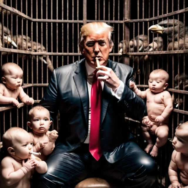 Donald The Apprentice Master Trump sitting in cage with babies smoking in suit