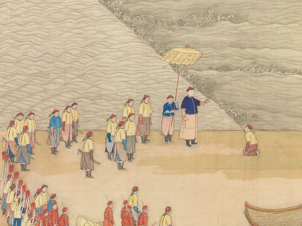 The Qianlong Emperor's Southern Inspection Tour, Scroll Four: The Confluence of the Huai and Yellow Rivers (Qianlong nanxun, juan si: Huang Huai jiaoliu), Xu Yang (Chinese, active ca. 1750–after 1776) and assistants, Handscroll; ink and color on silk, lacquer box, China 