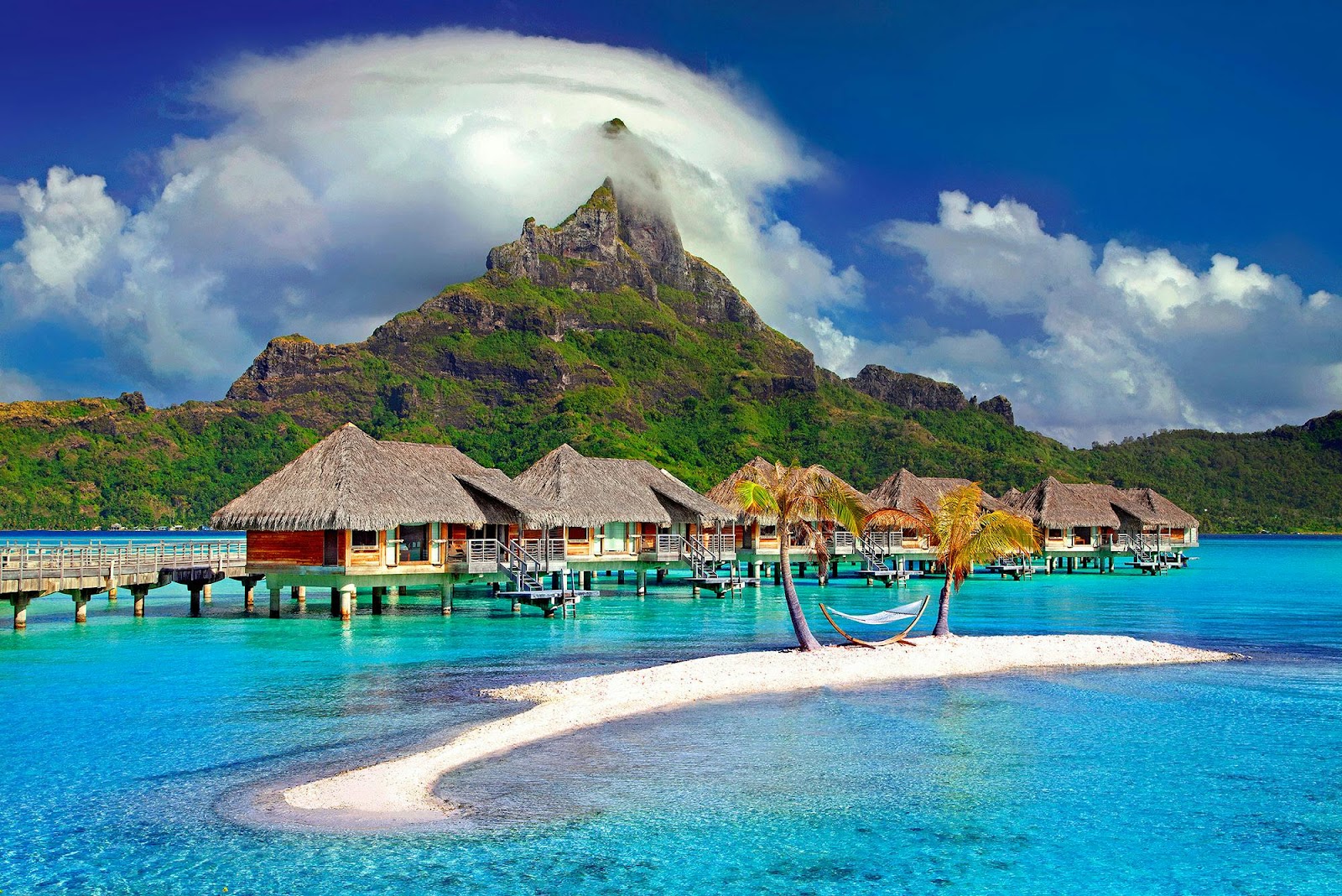 Stunning over-the-water bungalows with clear turquoise waters beneath.