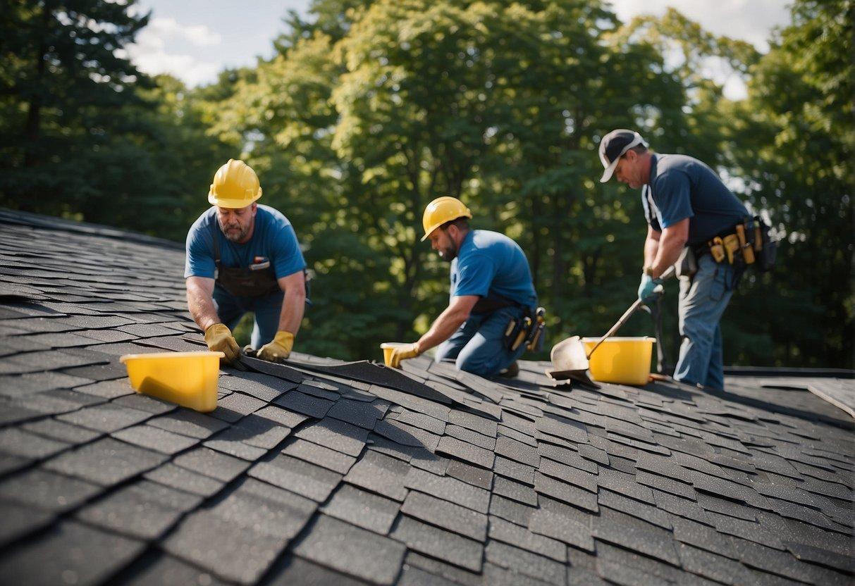 A crew of workers installs and maintains asphalt shingles on a Long Island roof. Tools and materials are scattered around the work area