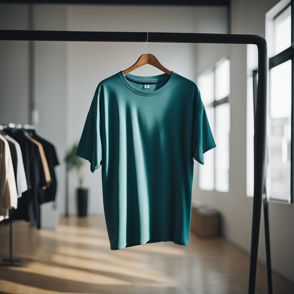 A drop shoulder t-shirt hangs on a hanger, with loose, relaxed sleeves and a slightly oversized fit