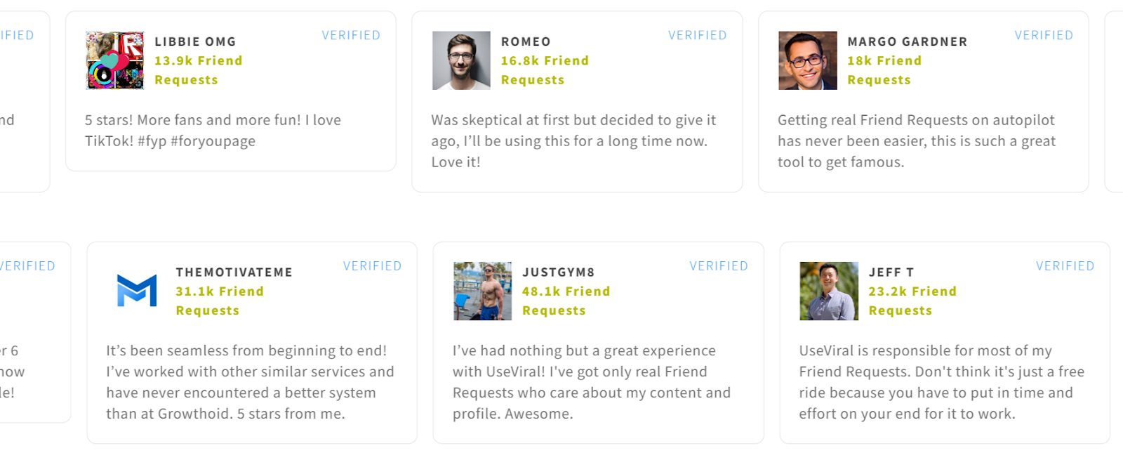 Verified user testimonials praising a social media growth service for delivering friend requests and followers