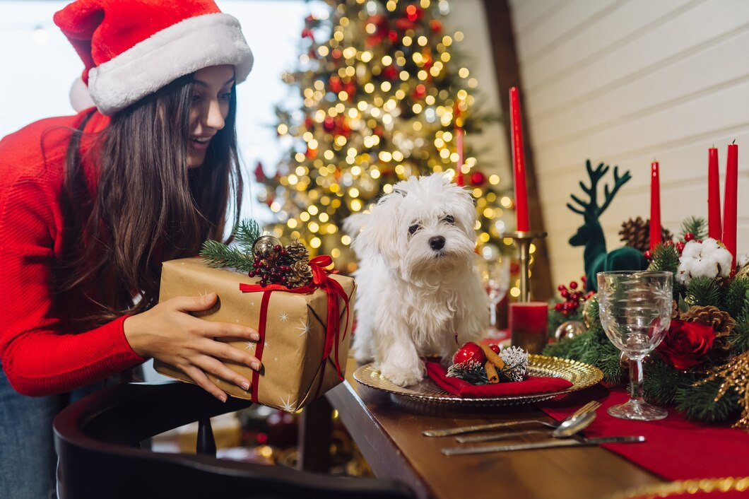 A woman holds a Christmas present alongside her dog.