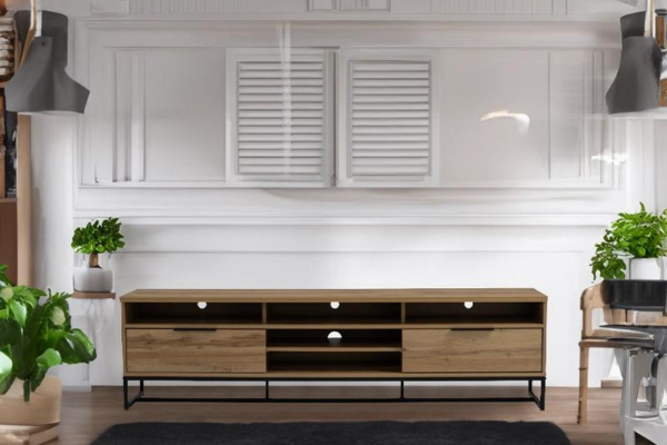 A brown TV cabinet crafted from solid wood, featuring sturdy metal legs, drawers, and open storage space