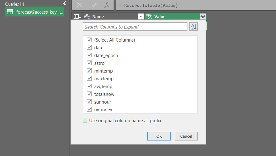 Selecting weather parameters