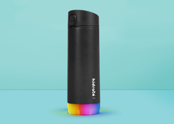 A black container with multicolored lid

Description automatically generated