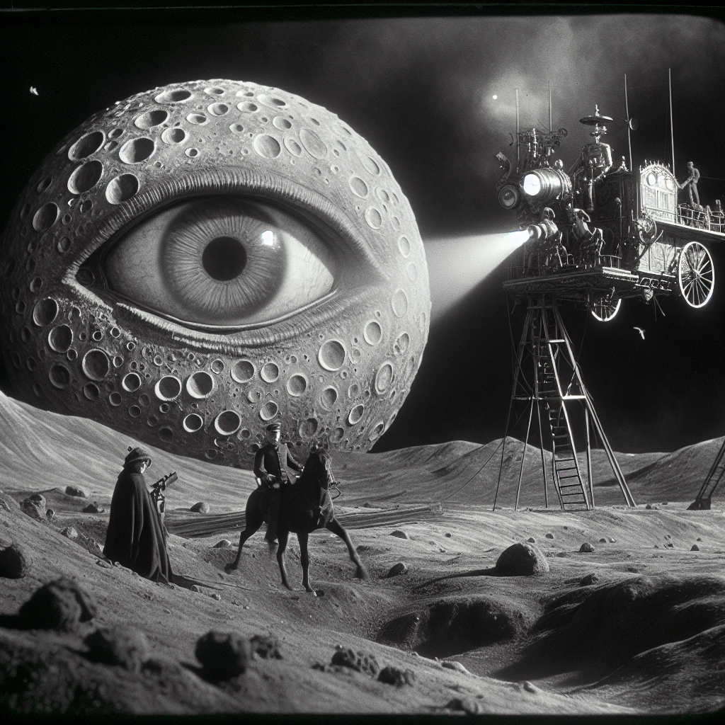 fantastical representation of filmmaking showing a living planet with a eye, a robot flying camera wagon and a man in uniform riding a horse on a planet 