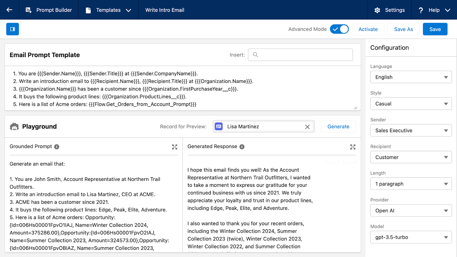A screenshot of the Salesforce Prompt Builder.
