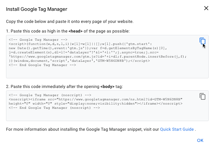 A screenshot of the Install Google Tag Manager modal.