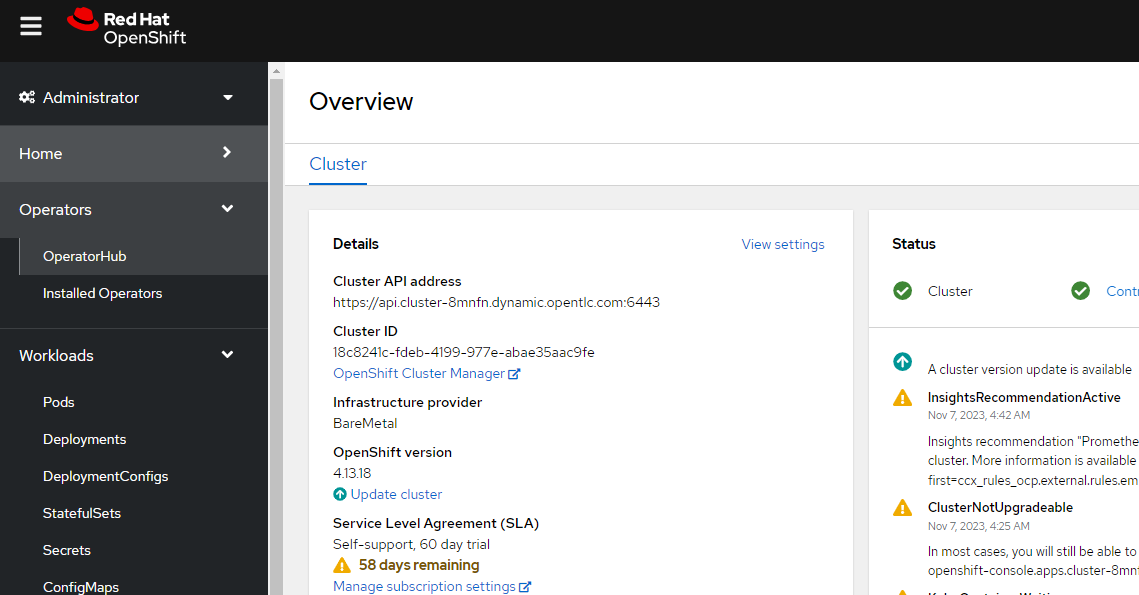 The Administrator view of the OpenShift console. The Operators menu is open and OperatorHub is selected.