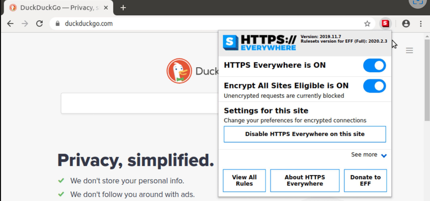 Screenshot van DuckDuckGo browser met ingeschakelde HTTPS Everywhere browserextensie