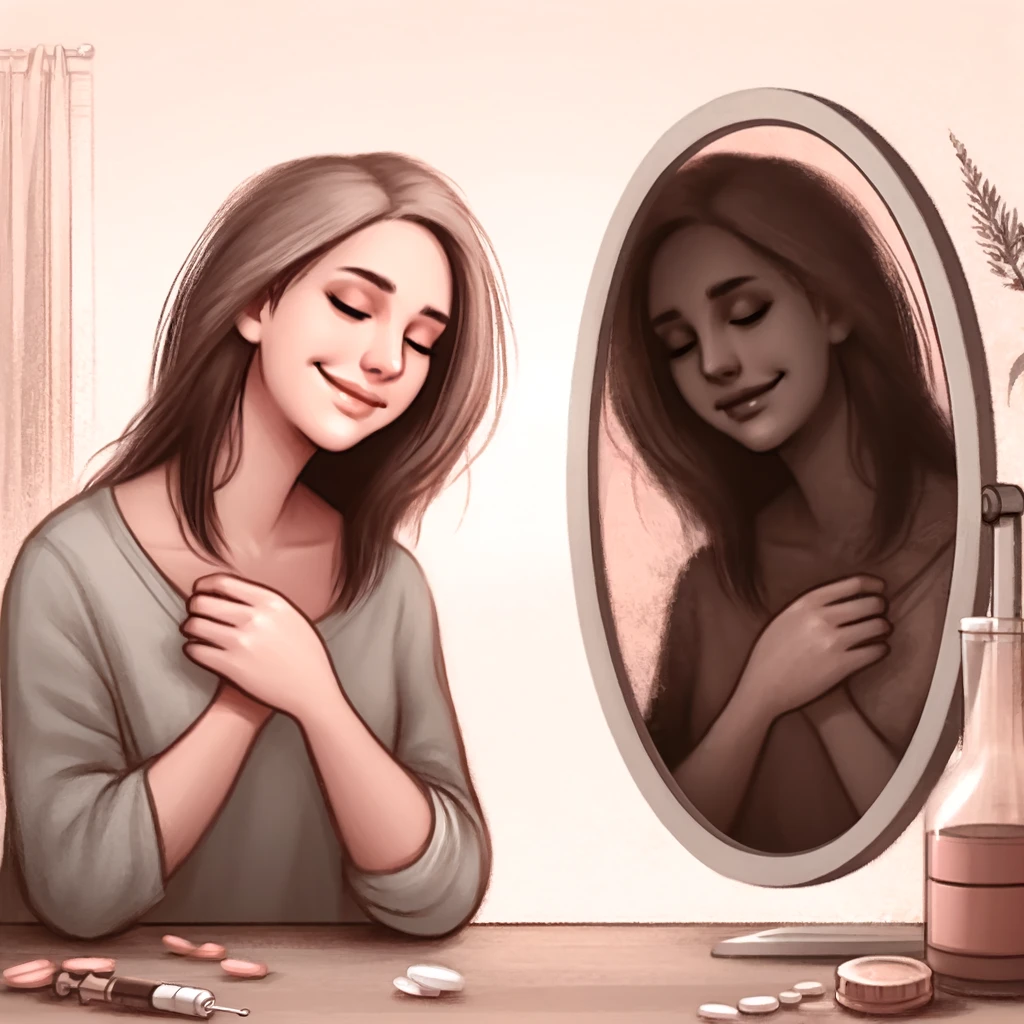 An artistic and soft illustration of a female smiling while standing in front of a mirror, with a shadowy, more tired reflection visible. This image represents masking the symptoms of illness and includes subtle signs of illness management in a typical home environment.