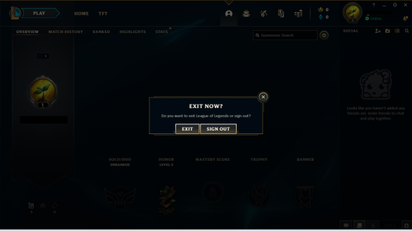 Schermata della finestra di uscita dell'applicazione client di League of Legends