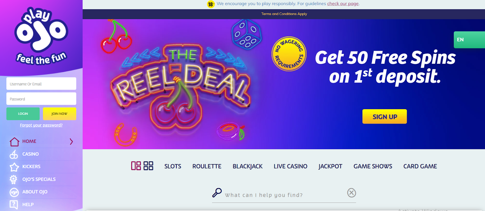 PlayOjo Homepage